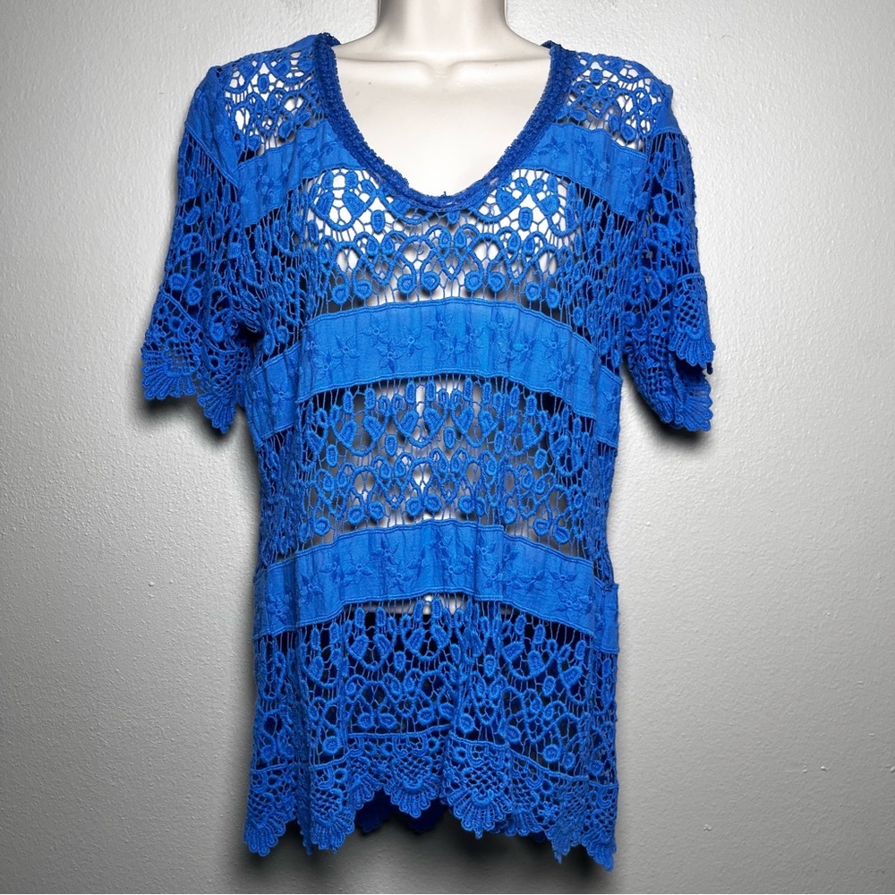 Y2K‎ Women Crochet Top Medium Blue Floral Open Knit Beach Vacation V-Neck